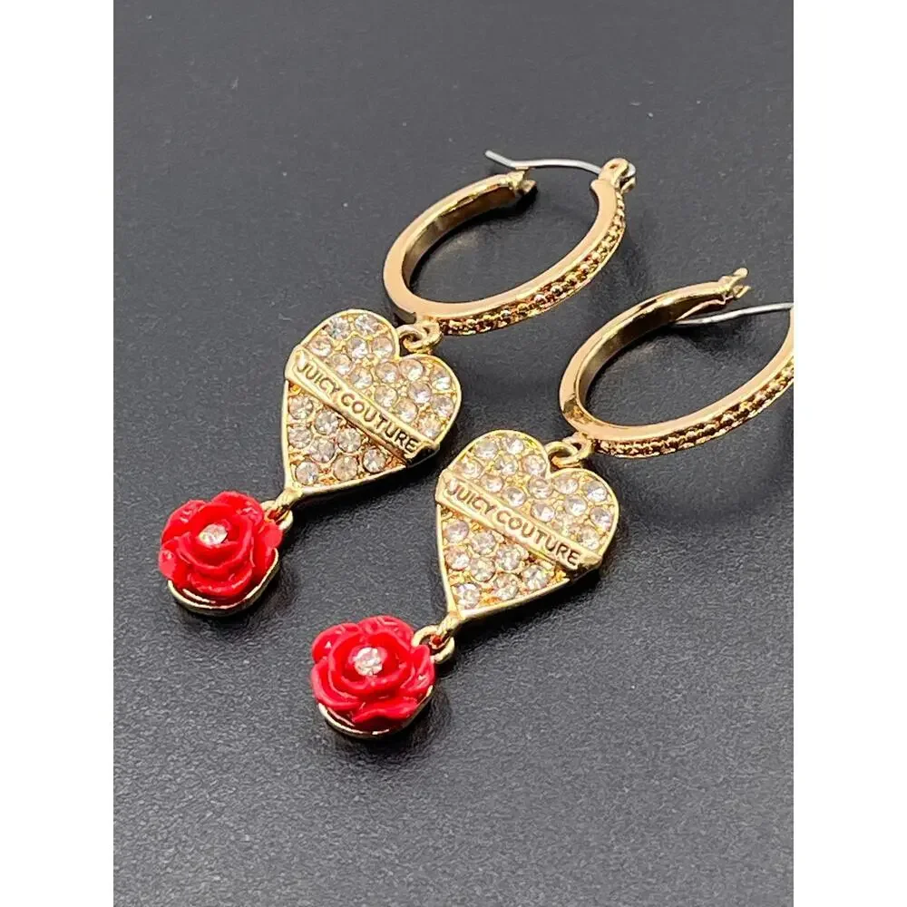 Juicy Couture Gold Hoop‎ Earrings Crystal Pave Heart Red Rose Charm